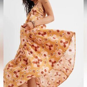 Aerie Printed High Low Halter Maxi Linen Blend Sundress Yellow XS